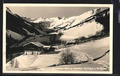 AK Saalbach, Simonshaus gegen Gamshag, Tristkogel und Staffkogel im Schnee