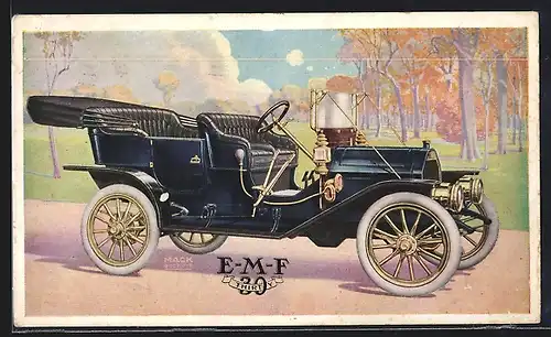 AK Auto EMF 30 (1910), KFZ mit schwarzem Chassis und goldenen Metallelementen, Verdeck offen