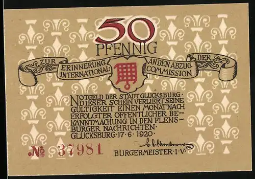 Notgeld Glücksburg 1920, 50 Pfennig, Uferpanorama mit einem Segelboot