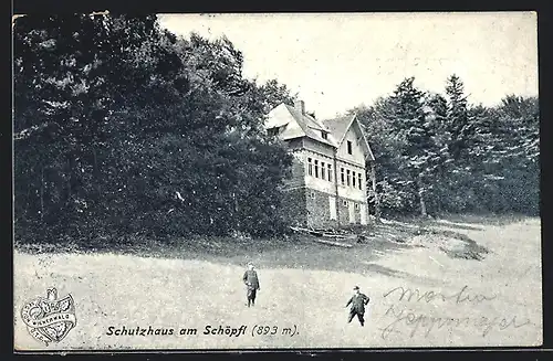 AK Schöpfl, Schutzhaus am Schöpfl, Wanderer auf dem Rückweg vom Schutzhaus