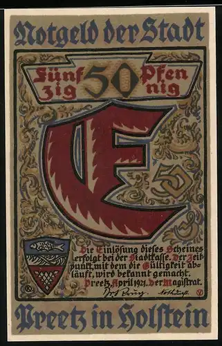 Notgeld Preetz i. Holstein 1921, 50 Pfennig, Kirche, Wappen