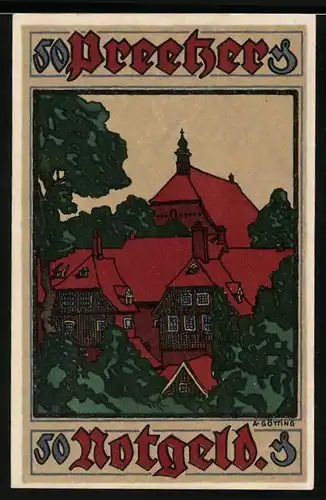 Notgeld Preetz i. Holstein 1921, 50 Pfennig, Ortsansicht, Wappen