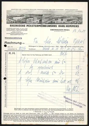 Rechnung Oberhausen (Rhld.) 1934, Karl Hemmers, Rheinische Polstermöbelwerke, Fabrikgelände mit eigenem Bahnanschluss