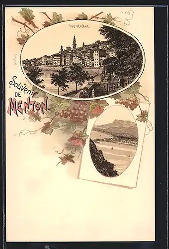 Lithographie Menton, Vue générale, Weinreben