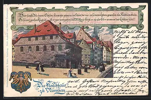 Künstler-AK Ganzsache Bayern PP15C26: Nürnberg, Deutscher Fleischertag 1900, Fleischhaus und Wappen