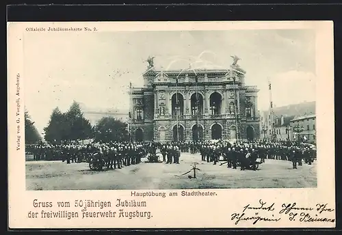 AK Ganzsache Bayern PP15D12 /02: Augsburg, 50 jähriges Jubiläum d. freiwilligen Feuerwehr, Hauptübung am Stadttheater