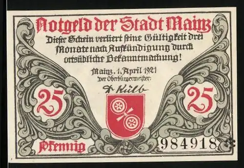 Notgeld Mainz 1921, 25 Pfennig, Wappen der Stadt, römischer Legionärshelm