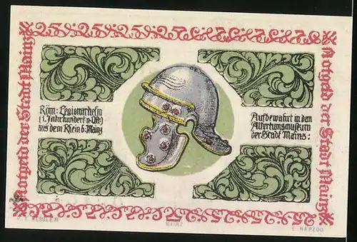 Notgeld Mainz 1921, 25 Pfennig, Wappen der Stadt, römischer Legionärshelm