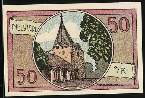 Notgeld Neustadt a. R. 1921, 50 Pfennig, Kirche und Festung mit Löwendarstellung