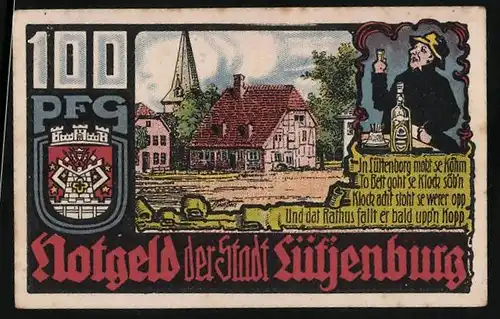 Notgeld Lütjenburg 1921, 100 Pfennig, Ortspartie mit Kirche, Ortsansicht mit Weiher