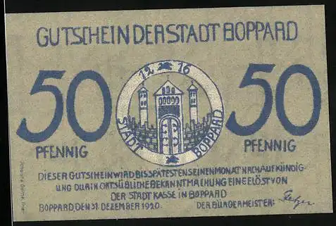 Notgeld Boppard 1920, 50 Pfennig, Wappen, Hafenpanorama mit Raddampfer