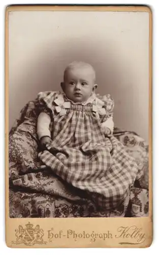 Fotografie Kolby, Zwickau, Plauensche Str., Süsses Kleinkind im karierten Kleid mit Schleifen und erwartungsvollen Blick