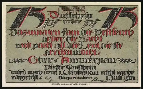 Notgeld Ober-Ammergau 1921, 75 Pfennige, Tod mit Sense und Umhang