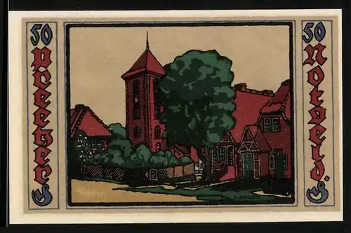 Notgeld Preetz in Holstein 1921, 50 Pfennige, Wappen und Kirche