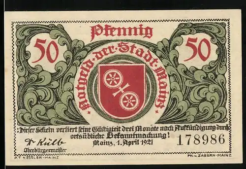 Notgeld Mainz 1921, 50 Pfennige, Wappen und Adlersiegel