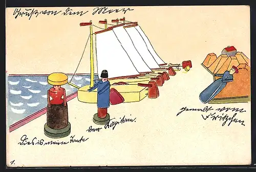 Künstler-AK Hafen in der Holzspielzeug-Stadt