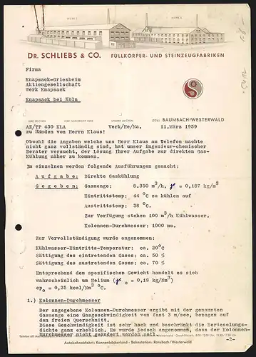 Rechnung Baumbach /Westerwald 1959, Dr. Schliebs & Co., Füllkörper- un Steinzeugfabriken, Ansicht von Werken I und II