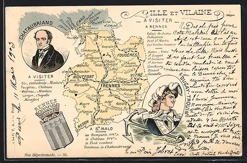 Künstler-AK Rennes, Ille et Vilaine, Chataubriand, Dugay-Trouin, Landkarte mit Montfort, Vitré u. Fougères