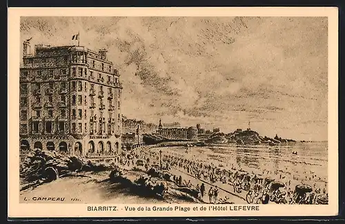 Künstler-AK Biarritz, Vue de la Grande Plage et de l`Hotel Lefevre