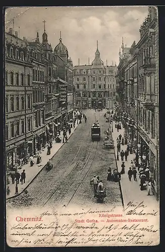 AK Chemnitz, Königstrasse mit Geschäften und Strassenbahn