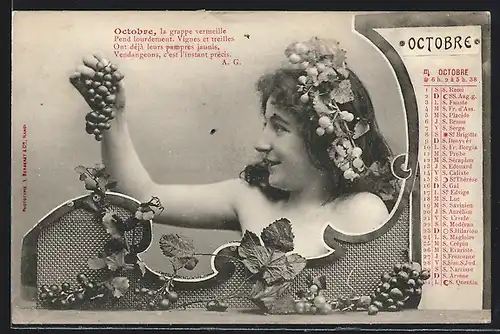 AK Oktober-Kalender mit dem Bildnis eines hübschen Mädchens