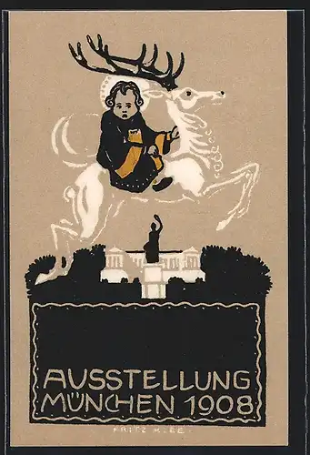 Künstler-AK München, Malerei-Ausstellung 1908, Münchner Kindl auf Hirsch