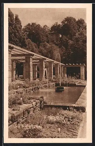 AK Coburg, Deutsche Rosenschau 1929, Partie an der Pergola mit Springbrunnenbecken