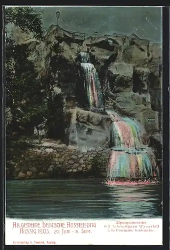 AK Aussig / Usti, Allgemeine Deutsche-Ausstellung, Aussig 1903, Alpenpanorama mit beleuchtetem Wasserfall