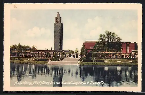 AK Magdeburg, Adolf Mittag See mit Ausstellungsturm