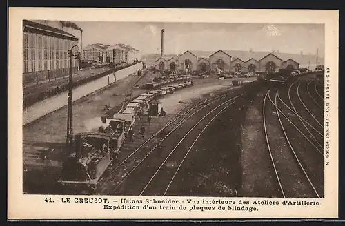 AK Le Creusot, Usines Schneider, Vue intérieure des Ateliers d`Artillerie, Expédition d`un train de plaques de blindage