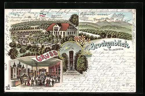 Lithographie Hildesheim, Gasthaus Brockenblick, Restaurant, Aussichtsturm