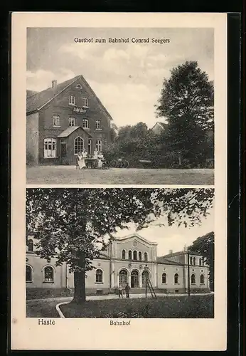 AK Haste / Grafsch. Schaumburg, Gasthof zum Bahnhof Corad Seegers, Bahnhof