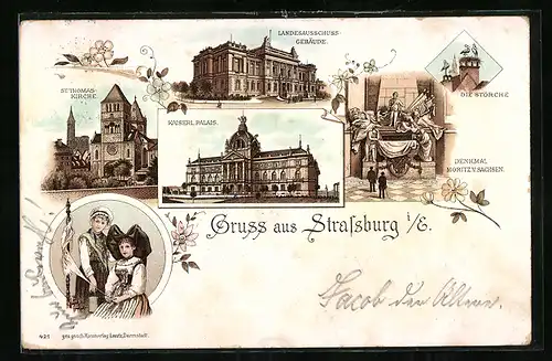 Vorläufer-Lithographie Strassburg i. E., 1895, Landesausschuss-Gebäude, St. Thomas-Kirche, Denkmal Moritz v. Sachsen