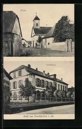 AK Sundhofen i. Els., Schulhaus, Strassenpartie bei der Kirche