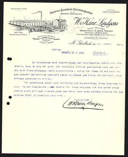 Rechnung M. Gladbach 1904, W. Heinr. Lindgens, Maschinen und Bedarfsartikel für die Textilindustrie, Fabrikansicht