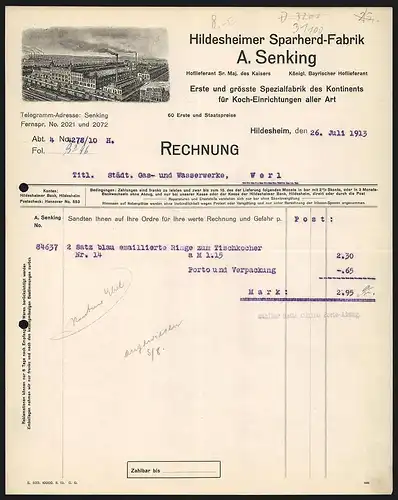 Rechnung Hildesheim 1913, A. Senking, Sparherd-Fabrik, Fabrikgelände aus der Vogelschau und Geschäftsgebäude