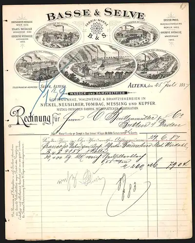 Rechnung Altena 1887, Basse & Selve, Hütten- & Walzwerke, Drahtzieherei, Werke bei Altena, Werdohl und Iserlohn