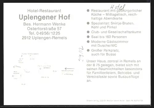 AK Uplengen-Remels, Hotel-Restaurant Uplenger Hof, Inh. Hermann Wenke, Innen- und Aussenansicht, Ostertorstrasse 57