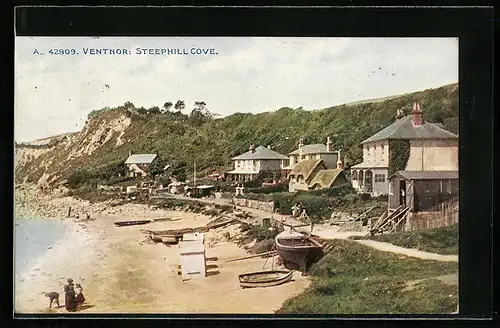 AK Ventnor, Steephill Cove, Strandpartie mit Booten und Häuser