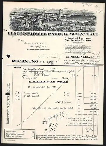 Rechnung Emmendingen 1933, Erste Deutsche Ramie-Gesellschaft, Spinnerei, Zwirnerei etc., Totalansicht des Werksgeländes