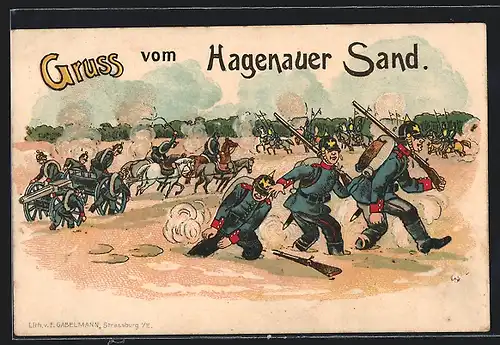 AK Hagenauer Sand, Soldaten exerzieren, versinken aber bis zu den Hüften im Sand, Artillerie steckt ebenfalls fest