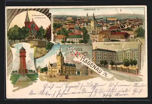 Lithographie Hagenau, St. Georgskirche u. alter Brunnen, Wasserturm, Museum, Dragoner-Kaserne