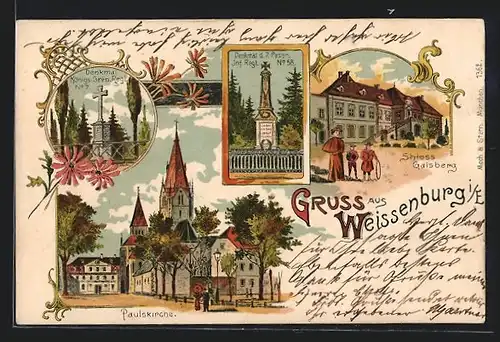 Lithographie Weissenburg, Schloss Gaisberg, Paulskirche, Denkmal Königs-Gren. Regt. No. 7