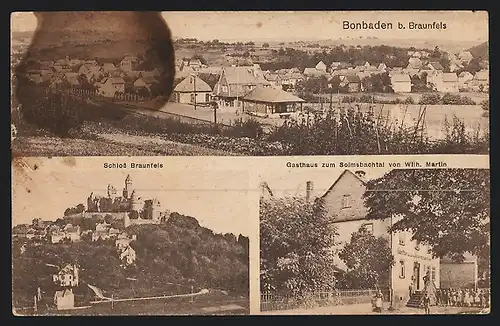 AK Bonbaden b. Braunfels, Gasthaus zum Solmsbachtal von Wilh. Martin, Schloss Braunfels