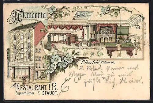 Lithographie Elberfeld, Restaurant I. R. Alemannia, Bes. F. Staudt, Kölnerstrasse