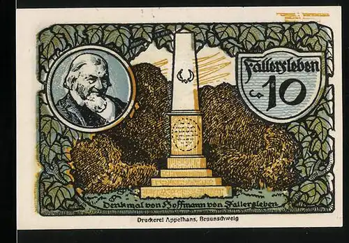 Notgeld Fallersleben 1920, 10 Pfennig, Hoffmann von Fallersleben Denkmal
