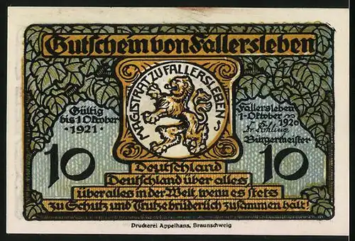 Notgeld Fallersleben 1920, 10 Pfennig, Hoffmann von Fallersleben Denkmal