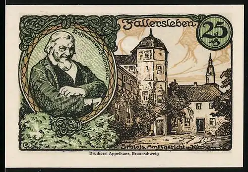 Notgeld Fallersleben 1920, 25 Pfennig, Schloss, Amtsgericht, Kirche