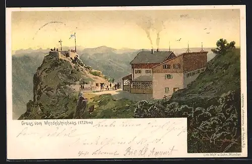 Lithographie Wendelsteinhaus, Ortsansicht mit Bergen