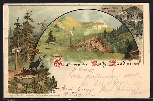 Lithographie Neuhaus / Schliersee, Roth-Wand, Böcklein-Hütte, Steinbock